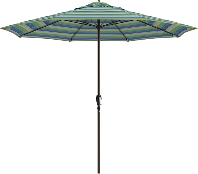California Umbrella 12-Year Protection 9-Ft Outdoor Patio Umbrella, Sunbrella Fade-Resistant Fabric, Auto-Tilt, Heavy Duty Aluminum Frame, 8 Reinforced Ribs for Pool or Deck, Bronze Pole, Seville Seaside