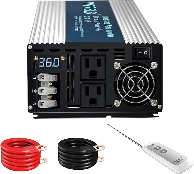 WZRELB 2500W Pure Sine Wave Inverter 36V DC to 110V 120V AC with LED Display,Remote Controller,Off-Grid Power Converter 5000W Surge with Dual AC Outlets, Hardwire Terminal for Home, RV, Truck, Camping