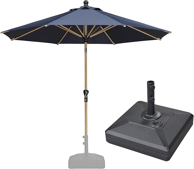 PURPLE LEAF 10 Feet Patio Umbrella with Base Outdoor Umbrella Round Market Umbrella for Table with Push Button Tilt & Crank and 8 Ribs Aluminum Pool Umbrella for Beach Patio, Navy Blue