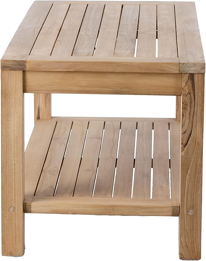 Teak Wood Side Table with Storage, Indoor and Outdoor Wooden Furniture for Deck, Porch, Balcony, Living Room, Bedroom and Backyard (36" D x 18" W x 16" H)