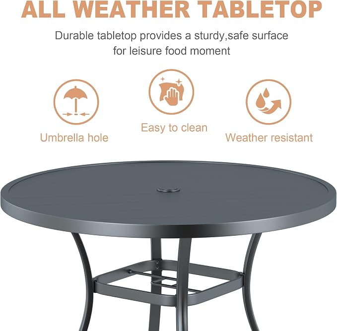VICLLAX Round Patio Dining Table, 41 inch Metal Outdoor Dining Table with Umbrella Hole for Garden Lawn Balcony Deck, Dark Grey