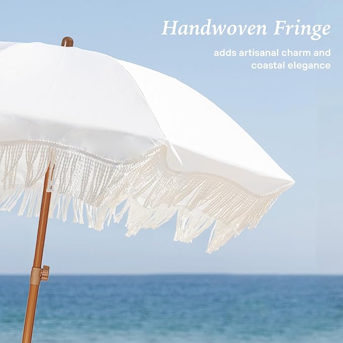 AMMSUN Boho Fringe Umbrella with Beach Blanket, 6.5ft UPF50+ Picnic Umbrella with Tassels with Steel Pole & Push Button Tilt, Antique White