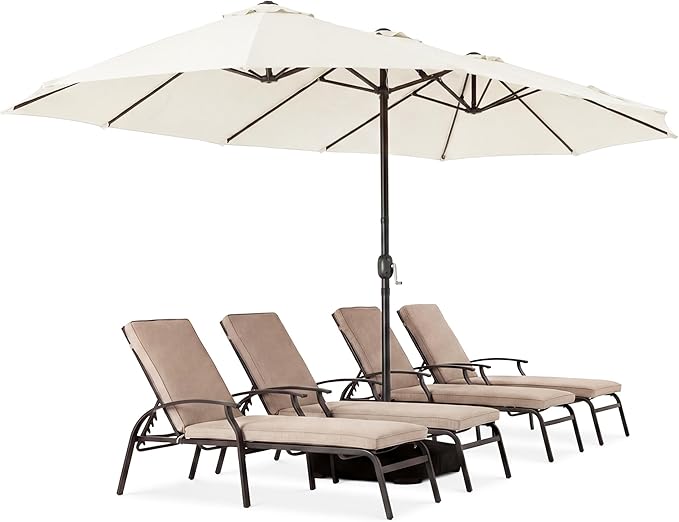 COSIEST 15FT Patio Umbrella with Base Included, Outdoor Double-Sided Table Umbrella,Large Rectangular Market Umbrella w Crank Handle for Garden, Pool, Deck Shade,Beige