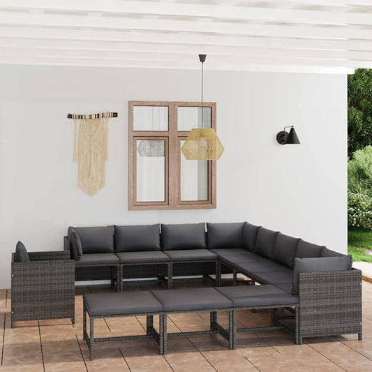 12 Piece Patio Sectional Wicker Outdoor Furniture Set Modular Rattan Conversation Sofa with Gray Cushions 23.6 inch Cube Seats for Backyard Balcony Garden