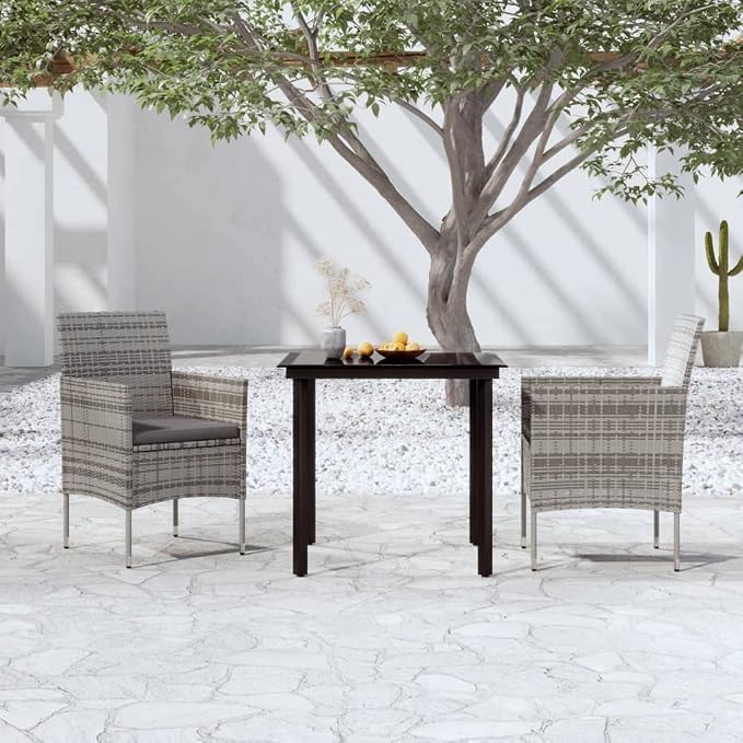 3-Piece Garden Dining Set, Square PE Rattan Patio Bistro Table and 2 Chairs with Cushions, Grey and Black Outdoor Furniture Conversation Set for Balcony, Backyard and Terrace