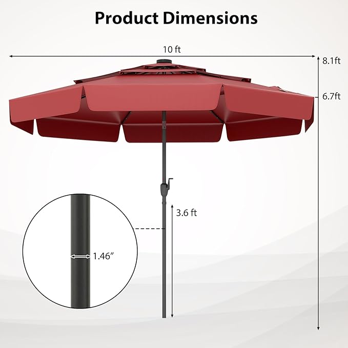 Tangkula 10 FT Solar LED Patio Umbrella, 3-Tiers Scalloped Outdoor Table Market Umbrella with 32 LED Lights, Tilt Adjustment, Crank, 8 Sturdy Ribs for Pool, Deck, Backyard (Burgundy)