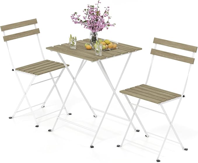 Tangkula 3 Pieces Patio Dining Set, Outdoor Square Table and Folding Chairs with Metal Frame, Space Saving Furniture Set for Yard Porch Deck Backyard (Grey)