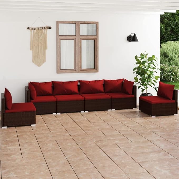 6 Piece Patio Lounge Set with Cushion, Outdoor Patio Sectional Piece Patio Set Patio Lounge Set Furniture Conversation Sets s Poly Rattan Brown