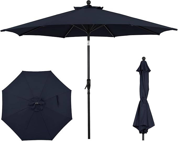 9FT Outdoor Patio Umbrella with Crank Lift & Auto Tilt - Market Umbrella, 8 Heavy-Duty Ribs, UV Resistant & Water-Repellent for Garden, Deck, Poolside & Backyard