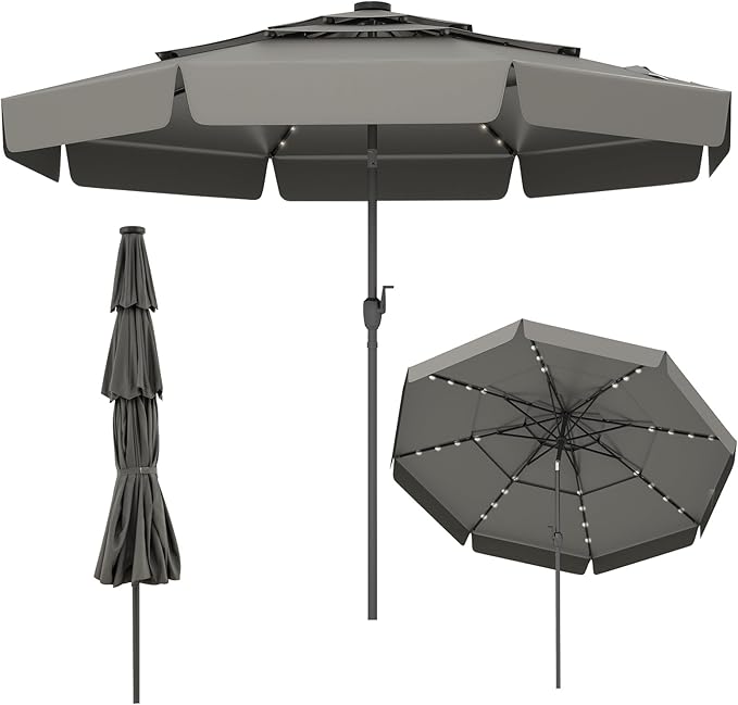 Tangkula 10 FT Solar LED Patio Umbrella, 3-Tiers Scalloped Outdoor Table Market Umbrella with 32 LED Lights, Tilt Adjustment, Crank, 8 Sturdy Ribs for Pool, Deck, Backyard (Gray)