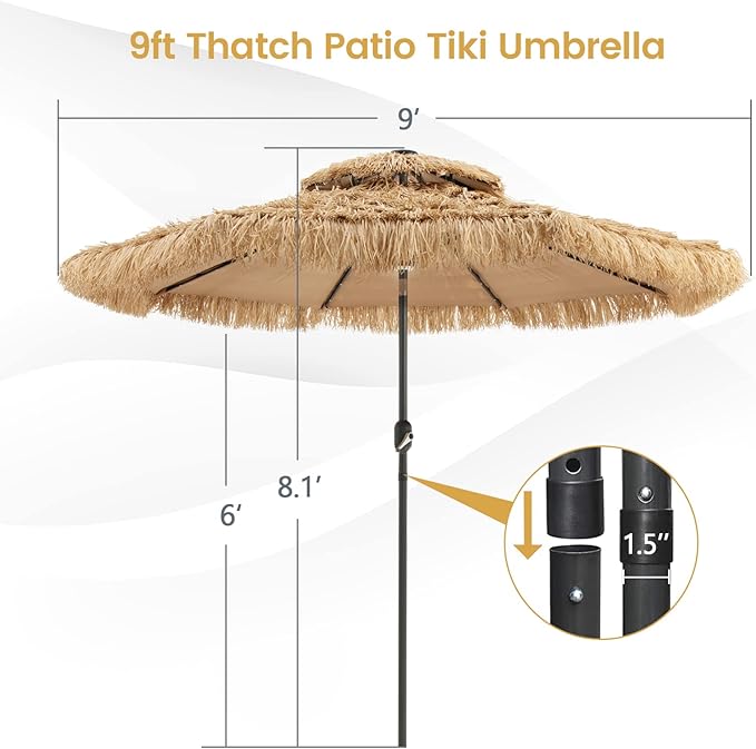 Tangkula 9 ft Thatched Patio Umbrella, 2 Tier Hawaiian Style Grass Beach Umbrella with 32 Led Lights, Center Light, Solar Tiki Umbrella with 8 Ribs, Tilt Adjustment, Manual Crank for Backyard Pool
