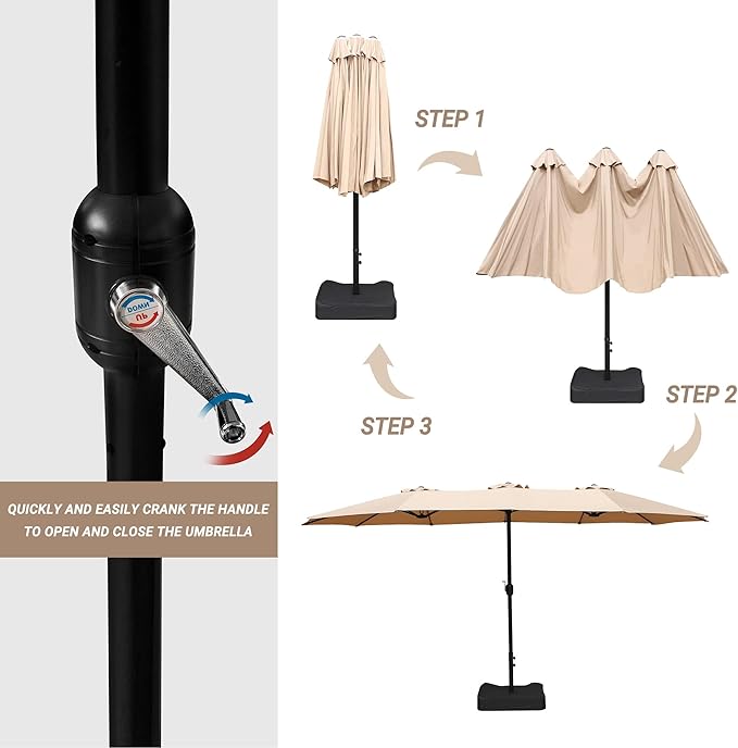 15ft Patio Umbrella with Base, 10-Year-No-Fade Large Outdoor Double-Sided Market Umbrella with UPF50+Terylene Polyester Fabric and Crank for Poolside Garden Deck Backyard Beach Pools