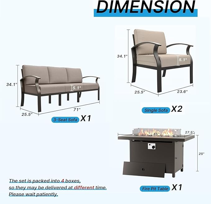 Gotland Aluminum Patio Furniture Set, 4 PCS Metal Outdoor Furniture with 45’’ Fire Pit Table Waterproof 5.1'' Seat Cushions 34.1’’ High Back, Oversized Outdoor Sectional Patio Conversation Sets, Khaki