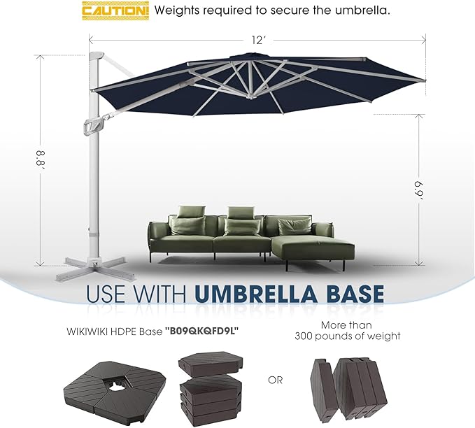 wikiwiki 12FT Cantilever Patio Umbrella, Offset Umbrella Outdoor Patio with 360° Rotation and Unlimited Tilting System, Heavy Duty Large Umbrella with Cross Base, Navy Blue