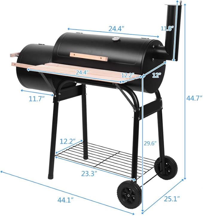 Large Charcoal Grill with Offset Smoker and Wood-Painted Side Table, Outdoor Smoker Grill with 811 Sq. In. Cooking Area for Outdoor Patio Barbecue Camping Parties Event, Black