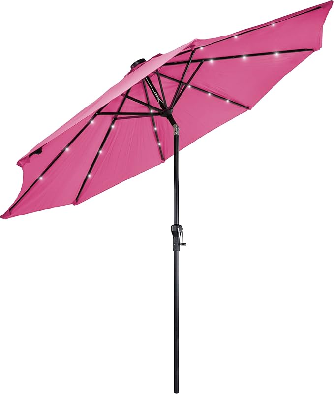 Northlight 9ft Solar Lighted Outdoor Patio Market Umbrella with Hand Crank and Tilt, Pink