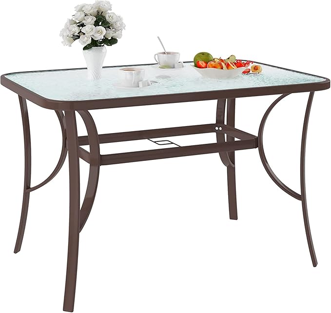 SogesPower Outdoor Tempered Glass Table Patio Dining Table with Umbrella Hole Steel Frame 47 inch Brown