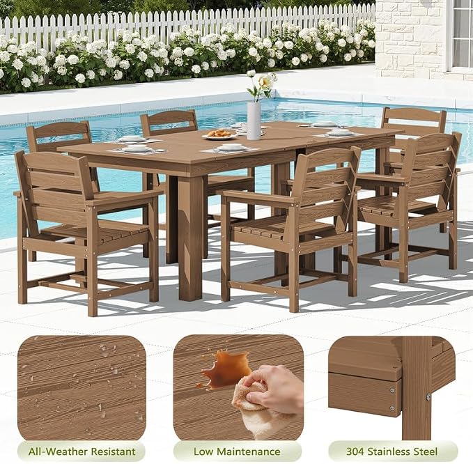 KINGYES 8-Piece HDPE Outdoor Dining Set for 6, Square Patio Table & Armchairs with Umbrella Hole, All-Weather Patio Dining Set for Backyard, Garden, Lawn & Poolside, Brown