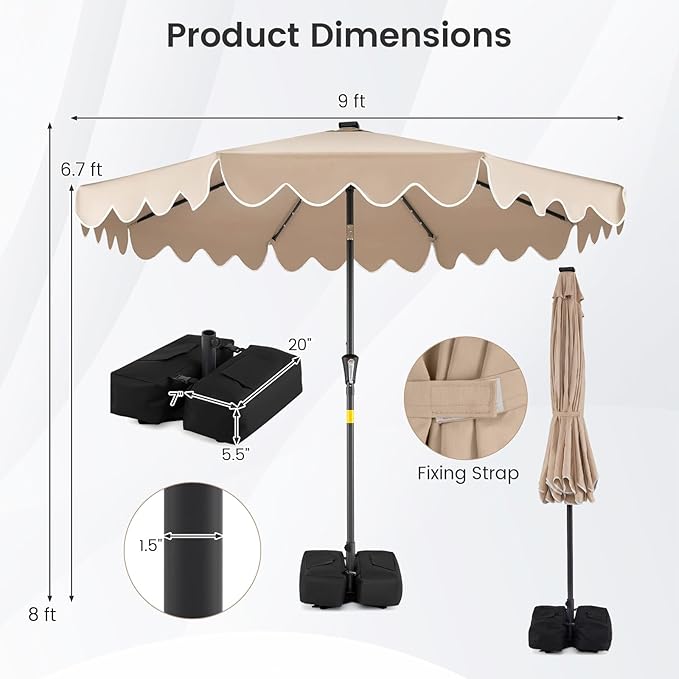 Tangkula 9 FT Solar Patio Umbrella with Base Included, 2-Tiers Outdoor Scalloped Table Umbrella with 32 LED Lights, 2 Sandbags, Tilt Adjustment, Crank, 8 Ribs for Market Backyard Pool Deck Beach Lawn