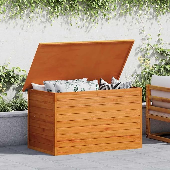 Wooden Outdoor Storage Box, 49.6-Inch Large Deck Chest for Patio Garden Furniture, Waterproof Fir Wood Bin for Cushions Pillows Toys
