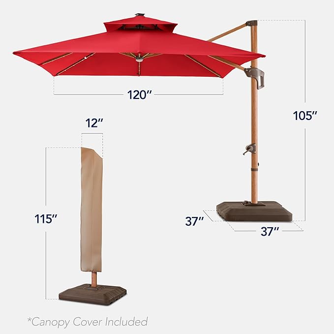 Best Choice Products 10ft Square Cantilever Patio Umbrella w/Base Included, Woodgrain Pattern Pole & Solar LED Lights, 360-Rotation, Offset Hanging Outdoor Shade
