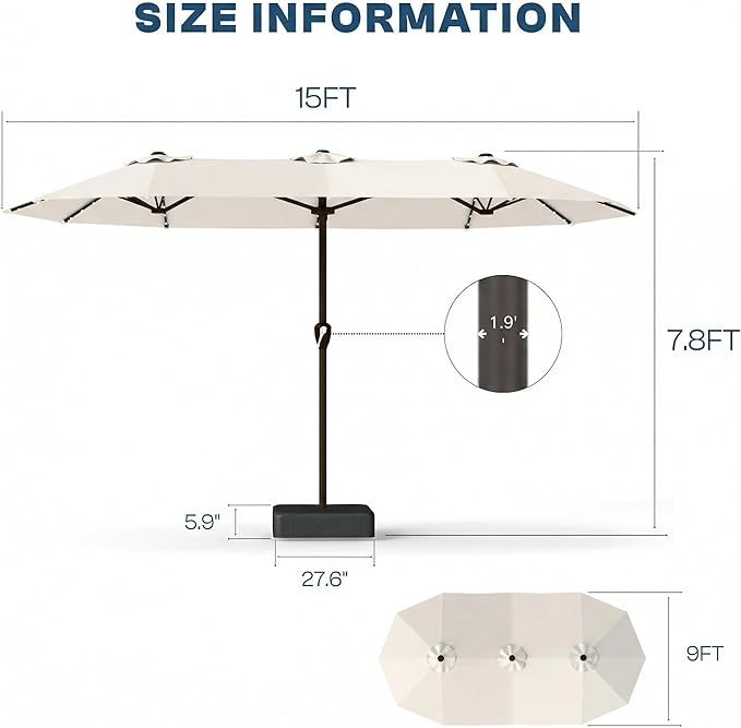 15FT Patio Umbrella with Solar Lights, Double-Sided Extra Large Outdoor Table Umbrella with Base Included, Heavy-Duty 12 Iron Ribs Market Umbrella for Garden, Pool, Backyard, Creamy White