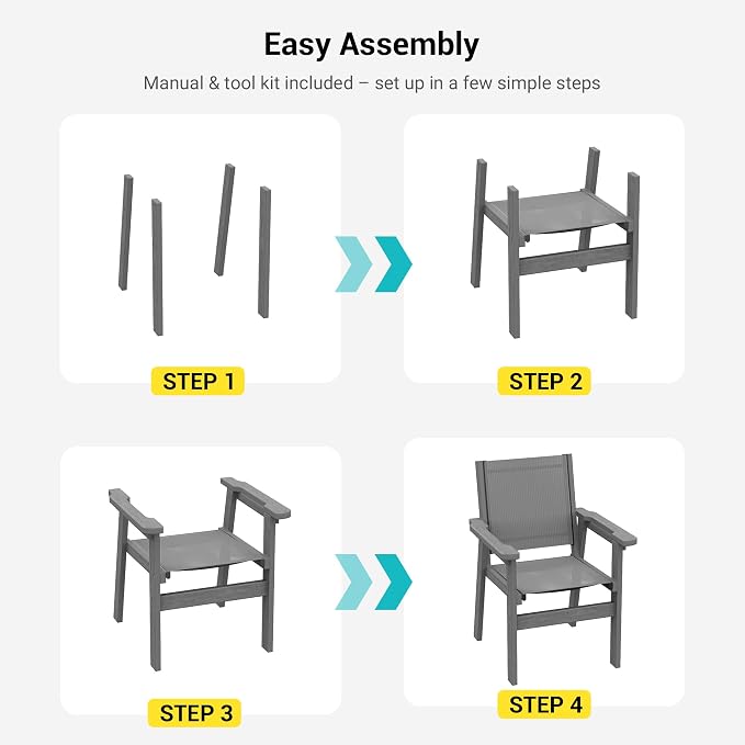 HDPE Outdoor Dining Chairs Set of 2 | Textilene Weather Resistant Patio Stackable Chairs for Garden, Backyard, Lawn and Poolside, Grey