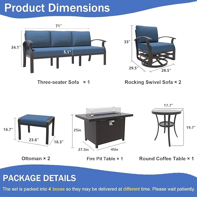 Kullavik Aluminum Patio Furniture Set with Propane Fire Pit Table,7-seat Metal Outdoor Furniture w/Swivel Chairs, Patio Sectional Sofas w/2 Ottomans for Porch,Backyard,Poolside-Navy Blue