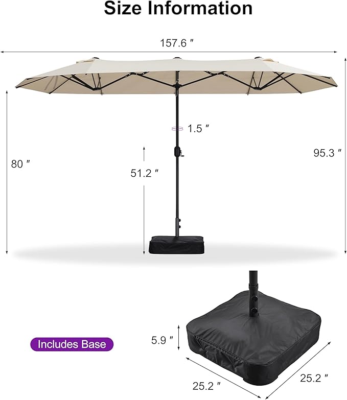 PURPLE LEAF 13ft Patio Market Umbrella with Base Double-Sided Rectangle Outdoor Table Sun Umbrellas with Crank 12 Heavy Duty Sturdy Ribs for Pool Beach Deck Backyard Khaki
