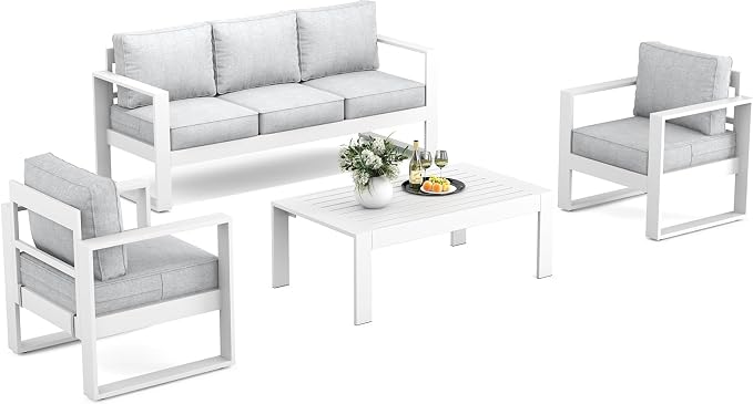 Outdoor Aluminum Furniture Set - 4 Pieces Modern Patio Conversation Sets Metal Sectional Sofa with Coffee Table