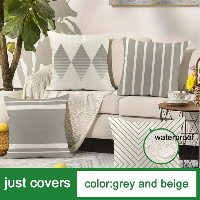 Outdoor Pillows Covers 16x16 Waterproof,Grey and Beige Set of 4(No Insert) | for Covered Patio Furniture Couch Sunbrella,No Insert Just Covers,Fit 16x16 inch Inserts or Smaller,Durable Polyester,Boho