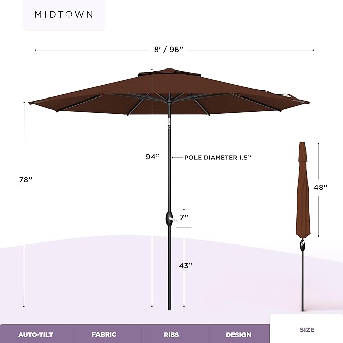 Midtown Umbrellas – The Lean 8 Ft Patio Umbrella with 10-Year-No-Fade Acrylast Acrylic Fabric, Auto-Tilt and 8 Reinforced Ribs for Deck, Pool, Garden, Hotel & Cafes – Cedar Wood Canopy, Black Pole