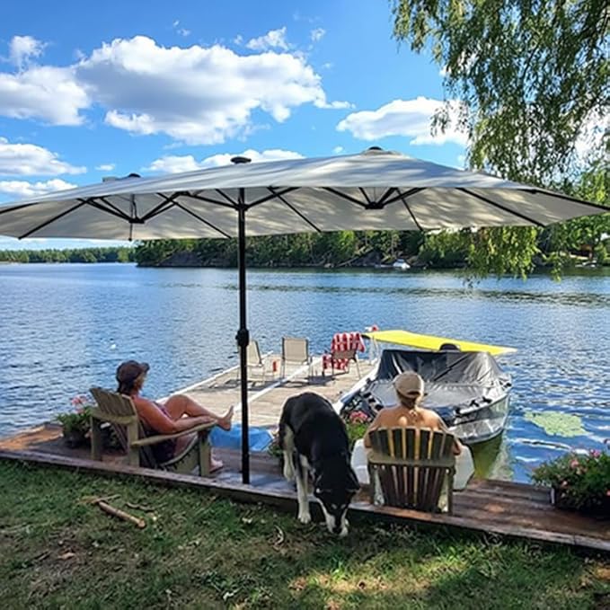 PURPLE LEAF 15ft Patio Market Umbrella with Base Double-Sided Rectangle Outdoor Table Sun Umbrellas with Crank 12 Heavy Duty Sturdy Ribs for Pool Beach Deck Backyard Cream