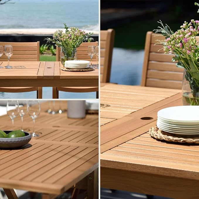 Amazonia Franklin 13-Piece Teak Finish Wood and Aluminum Rectangular Extendable Patio Dining Set | Ideal for Outdoors and Indoors