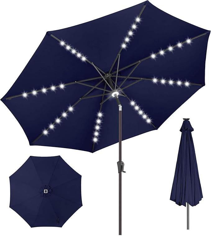 11FT Solar Umbrella Outdoor - Lighted Solar Patio Umbrella with 40 LED Lights Waterproof UV Protection, Table Umbrella with Tilt for Pool, Porch, Garden, Deck, Backyard - Navy Blue