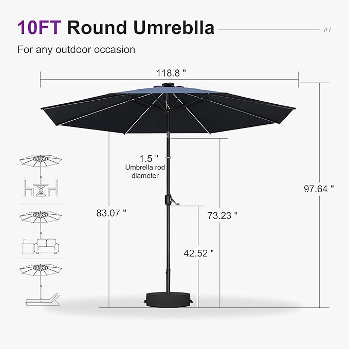 PURPLE LEAF 10' Round Patio Umbrella with Solar LED Outdoor Table Umbrella Aluminum Frame Market Umbrella with 8 Sturdy Ribs & Tilt for Garden Deck Lawn Pool Navy Blue