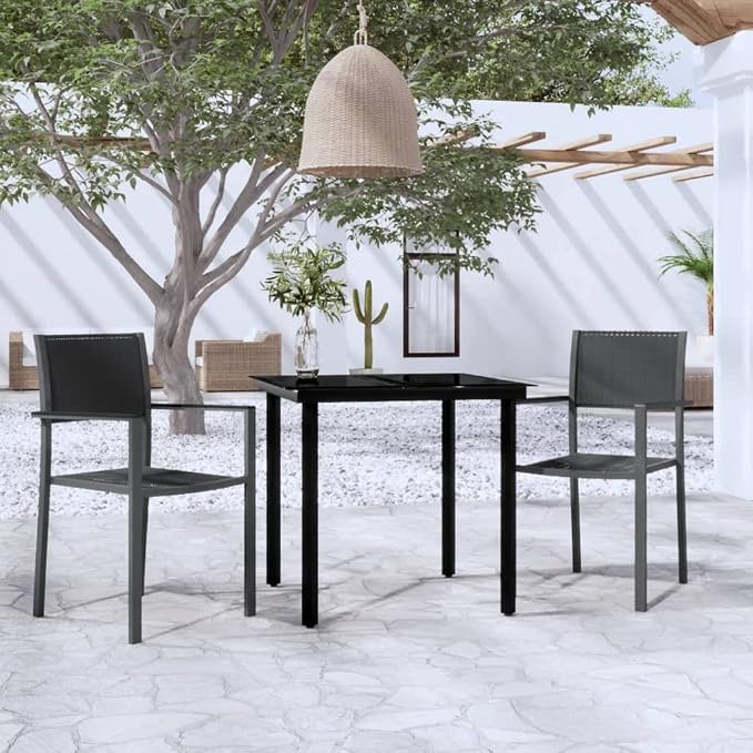 3 Piece Patio Dining Set Black Outdoor Table and Chairs for Garden Balcony Steel Glass Top Rattan Design