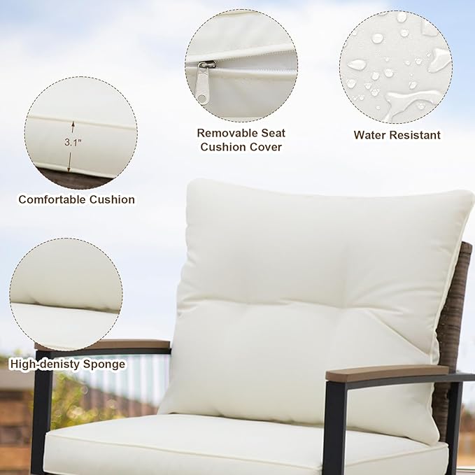 EAGLE PEAK 3 Piece Mojave Dusk Outdoor Conversation Set, Patio Wicker Furniture, 2 Rocking Chairs and Side Table, Light Brown/Beige