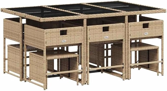 Afuera Living Outdoor Patio Dining Set, 11 Piece, Rattan Construction, Beige Finish, Includes Table with Tempered Glass Top, Chairs and Cushions, Foldable and UV-Resistant, Seats 10, Garden or