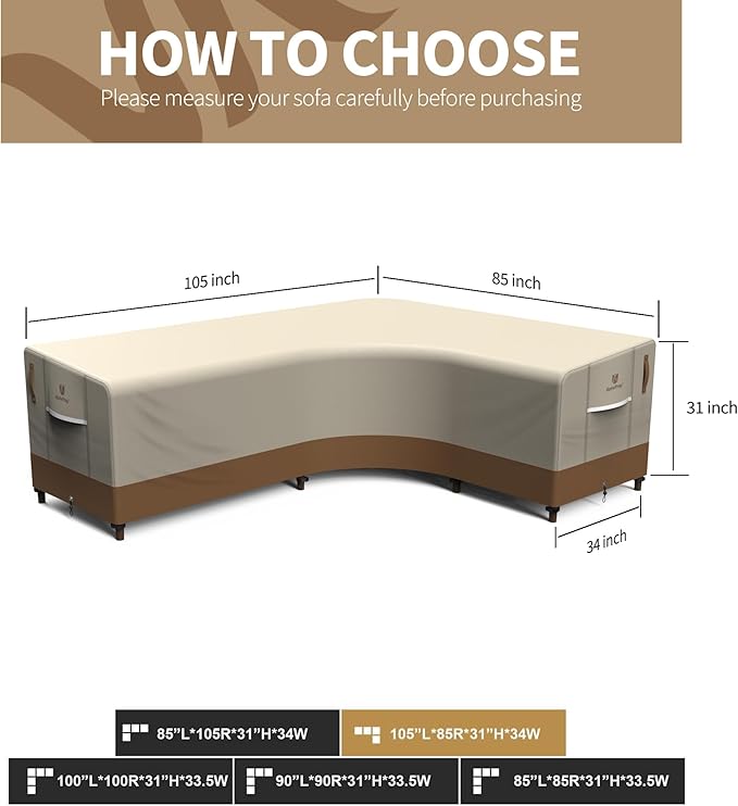 Rosefray 600D Outdoor L-Shaped Sectional Cover,Heavy Duty Anti UV Patio Sectional Sofa Cover with Air Vent, Waterproof Furniture Covers for Deck, Lawn,Backyard Right Facing 105''x85'' khaki brown