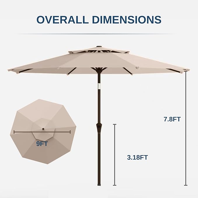 9ft 2-Tiers Patio Umbrella,Outdoor Market Table Umbrella with Push-Button Tilt & Crank | UV Protection,Suit for Backyard,Garden,Pool,Deck(Beige)