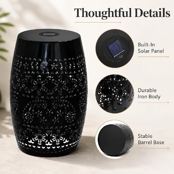12" Outdoor Solar Side Table, Multi Functional Decorative Cutout Metal Round Side Table, Coffee Table, Night Stand, Plant Stand for Patio, Garden, Backyard, Gazebo Indoor (Black)