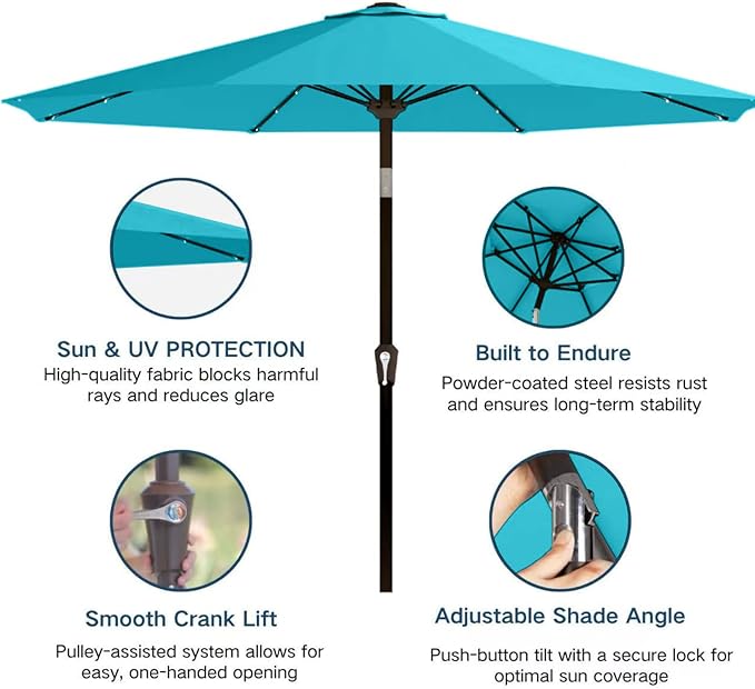 9' Solar LED Patio Umbrella with Tilt & Crank|8 Sturdy Ribs,UV Protection,Outdoor Market Table Umbrella for Deck,Lawn,Pool,Backyard(Light Blue)