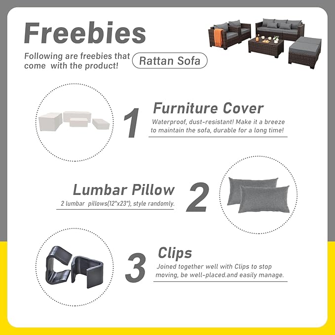 Wicker Patio Furniture Set 6 Pieces Outdoor Furniture Chairs and Couch Storage Table Anti-Slip Cushions and Waterproof Covers, Dark Grey