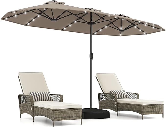 Tangkula 13FT Double-Sided Solar Patio Umbrella, Extra-Large Outdoor Twin Umbrella with 36 LED Lights, Vented Top, Crank Handle, 12 Ribs, Weighted Base Included for Backyard Poolside Deck (Tan)