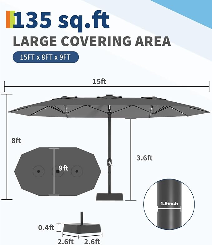 GarveeLife 15 ft Large Patio Umbrella with Lights, 36 LED Lights Double-sided Patio Umbrella with Weighted Base for Poolside Garden Backyard