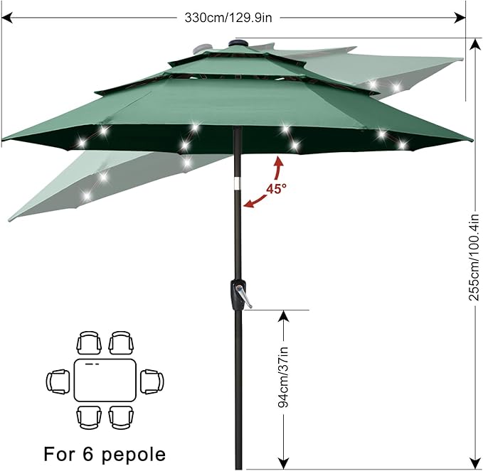 ABCCANOPY 3-Tiers 11FT Solar Patio Umbrella, Outdoor Umbrella with 32 LED Lights for for Deck, Pool, Garden, Backyard (Green)