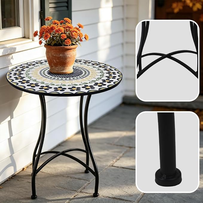 23.6" Outdoor Patio Mosaic Round Table Garden Bistro Accent Table | Ceramic Tile Waterptoof Side End Table Metal Frame Dining Table Furniture for Balcony Backyard Porch Poolside Terrace