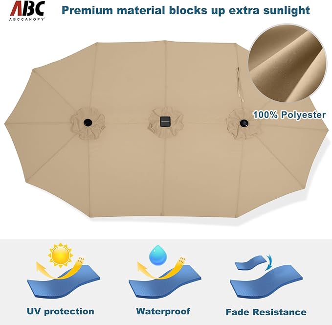 ABCCANOPY 15ft Umbrella Outdoor Patio Solar Lights with Base, Outdoor Double-Sided Rectangle Umbrella for Poolside, Lawn, Backyard (Khaki)