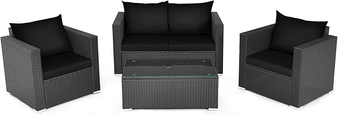 COSTWAY 4-Piece Patio Rattan Furniture Set, Cushioned Sofa Chair, Loveseat and Coffee Table with Tempered Glass Top, Outdoor Conversation Sets for Garden Poolside Balcony Porch (Black)